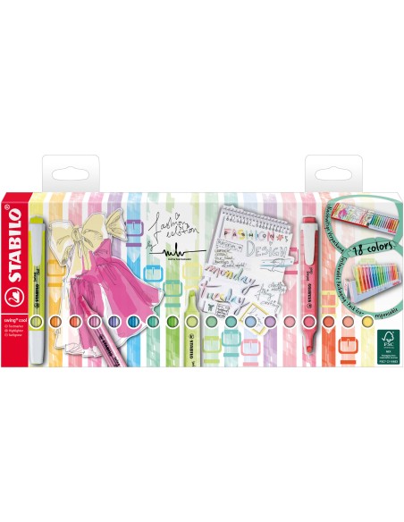  Set 18 marcadores fluorescentes stabilo swing cool pastel 8 fluor+10 pastel 
