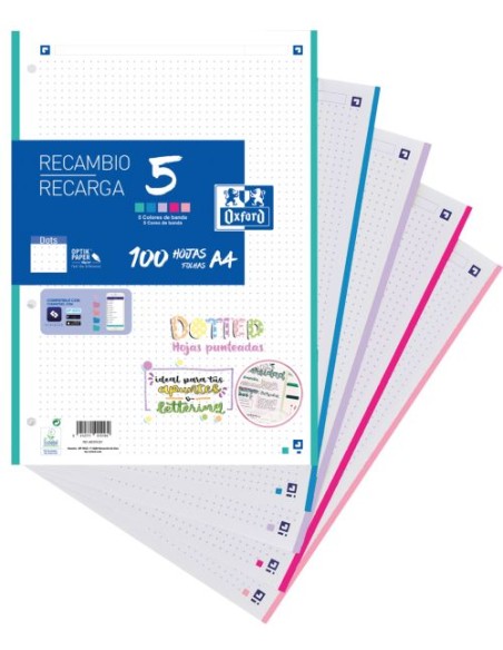 Recambio 5 multicolor a4 100h 90g 4 taladros dots con 5 colores de banda pastel