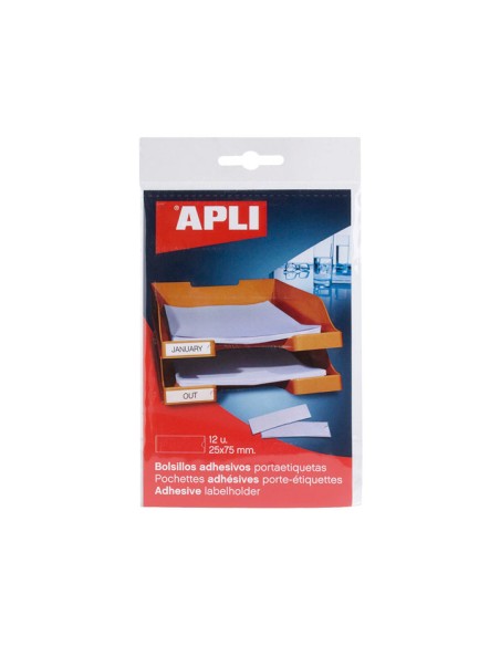 PACK 12 BOLSILLOS ETIQ. APLI ADH. TRANSP. 25X75MM