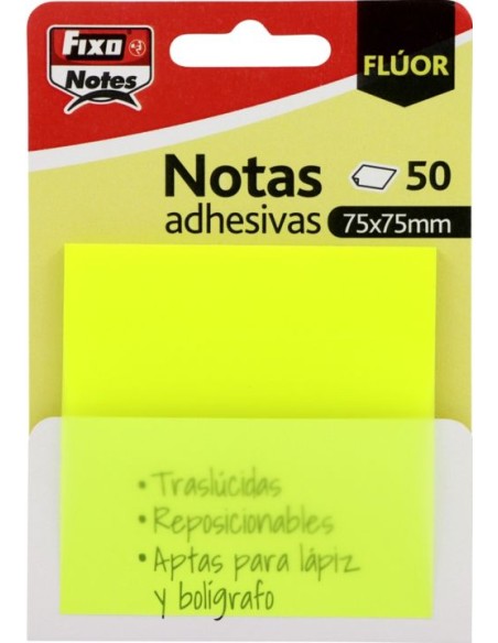 BLOC 50 NOTAS ADHESIVAS TRANSLUCIDAS 75X75 AMARILLO FLUOR