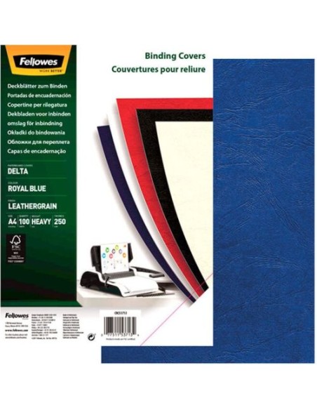 Caja 100 tapas encuadernacion a4 carton simil piel delta cuero azul Royal 250g