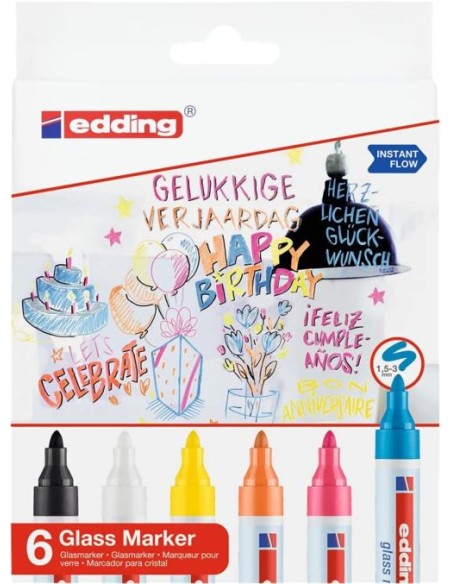 Estuche 6 rotulador vidrio edding 95 colores surtidos