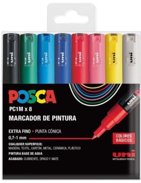 ESTUCHE 8 ROTULADORES POSCA PC1M UNI BALL COLORES BASICOS