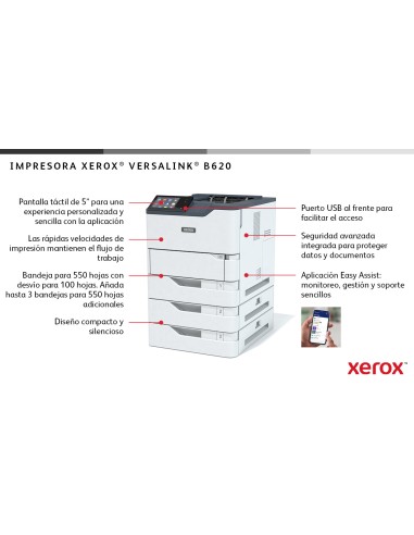 VersaLink B620 A4 61 ppm Impresora a doble cara PS3 PCL5e/6 2 bandejas 650 hojas