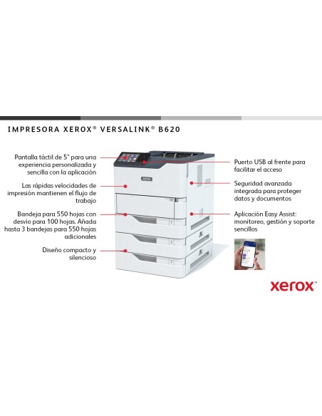 VersaLink B620 A4 61 ppm Impresora a doble cara PS3 PCL5e/6 2 bandejas 650 hojas