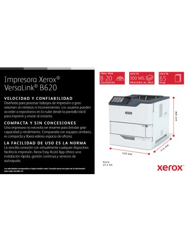 VersaLink B620 A4 61 ppm Impresora a doble cara PS3 PCL5e/6 2 bandejas 650 hojas