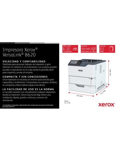 VersaLink B620 A4 61 ppm Impresora a doble cara PS3 PCL5e/6 2 bandejas 650 hojas