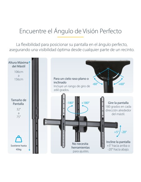 Soporte de Techo para 2 TV - Soporte de Cielo Raso para 2 TV de Espalda a Espalda con Mástil Telescópico Ajustable - Giro Incli