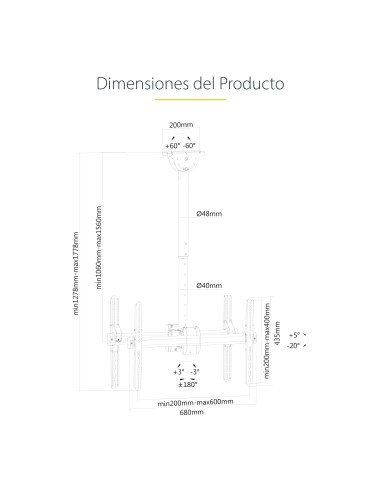 Soporte de Techo para 2 TV - Soporte de Cielo Raso para 2 TV de Espalda a Espalda con Mástil Telescópico Ajustable - Giro Incli