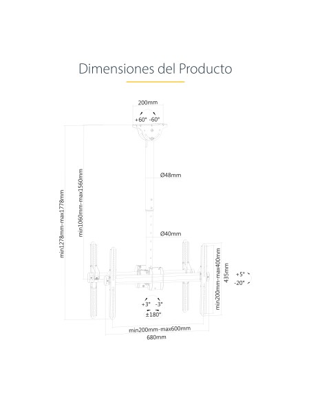 Soporte de Techo para 2 TV - Soporte de Cielo Raso para 2 TV de Espalda a Espalda con Mástil Telescópico Ajustable - Giro Incli