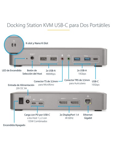 Docking Station KVM USB-C para Portátil - Replicador de Puertos USB Tipo C para 2 Monitores DisplayPort 4K 60Hz - Hub 5x USB - 