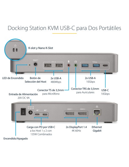 Docking Station KVM USB-C para Portátil - Replicador de Puertos USB Tipo C para 2 Monitores DisplayPort 4K 60Hz - Hub 5x USB - 
