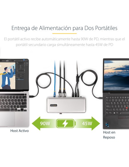 Docking Station KVM USB-C para Portátil - Replicador de Puertos USB Tipo C para 2 Monitores DisplayPort 4K 60Hz - Hub 5x USB - 