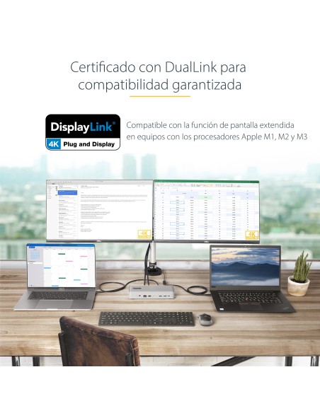 Docking Station KVM USB-C para Portátil - Replicador de Puertos USB Tipo C para 2 Monitores DisplayPort 4K 60Hz - Hub 5x USB - 