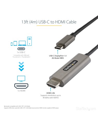 Cable 4m USB C a HDMI 4K de 60Hz con HDR10 - Adaptador de Vídeo USB Tipo C a HDMI 2.0b Ultra HD 4K - Convertidor USBC a HDMI HD
