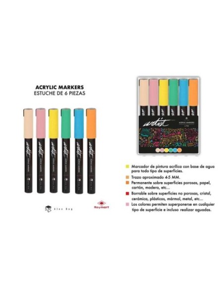 ESTUCHE 6 ROTULADORES ACRYLIC MARKERS COLORES PASTEL