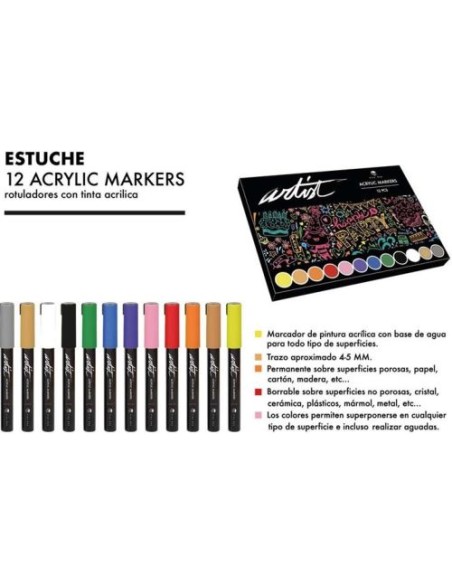 ESTUCHE 12 ROTULADORES ACRYLIC MARKERS COLORES SURTIDOS