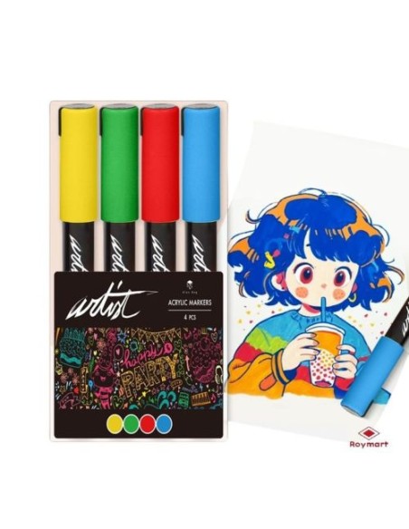 Estuche 4 rotuladores acrylic markers colores amarillo azul rojo y verde