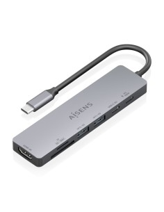 USB-C Dock 7 en 1, USB-C a 1xHDMI, 2xUSB-A, 1xUSB-C, 1xUSB-C PD 100W, 1xSD, 1xMicroSD, Gris, 15cm