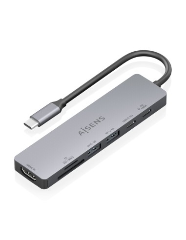 USB-C Dock 7 en 1, USB-C a 1xHDMI, 2xUSB-A, 1xUSB-C, 1xUSB-C PD 100W, 1xSD, 1xMicroSD, Gris, 15cm