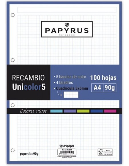 Recambio uni5 a4 100h 90g 4 taladros cuadricula 5x5 5 colores de banda tonos vivos Recambio uni5 a4 100h 90g 4 taladros cuadricula 5x5 5 colores de banda tonos vivos