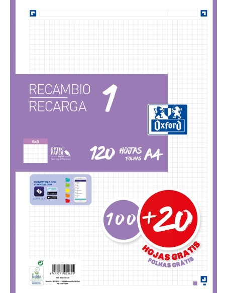 Recambio 1 color a4 10020h 90g cuadricula 5x5 color banda lila