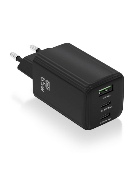 Cargador Gan 65W, 2xUSB-C PD3.0 QC4.0, 1xUSB-A QC3.0, Negro