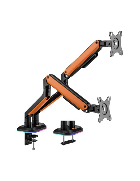 Soporte de Mesa RGB Gaming contrapeso giratorio e inclinable para Monitor/TV 9Kg (3 Pivotes, 2 Brazos) de 17-32, Negro-Naranja