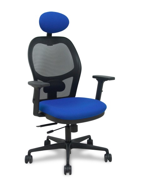Silla Jorquera traslack malla negra asiento bali azul brazos 2D cabecero fijo