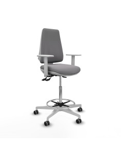 Taburete Elche blanco AS similpiel gris brazos blancos base blanca ruedas 65mm engomadas
