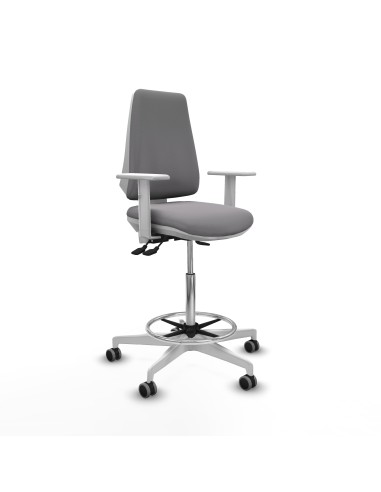 Taburete Elche blanco AS similpiel gris brazos blancos base blanca ruedas 65mm engomadas