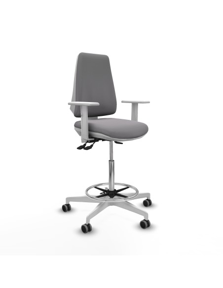 Taburete Elche blanco AS similpiel gris brazos blancos base blanca ruedas 65mm engomadas
