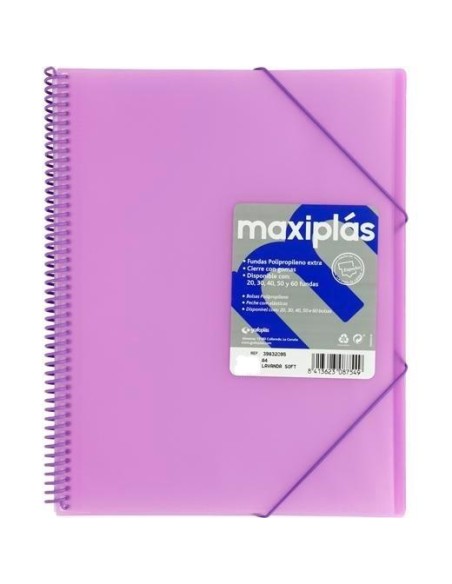 GRAFOPLÁS CARPETA CON FUNDAS MAXIPLÁS ESPIRAL A4 40 FUNDAS C/SOBRE PP RÍGIDO TRANSLÚCIDO LAVANDA SOFT