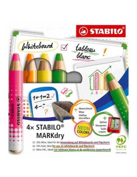 STABILO MARCADOR EN SECO MARKDRY NEON PARA PIZARRA BLANCA Y DE PAPEL C/SURTIDOS ESTUCHE 4 UD