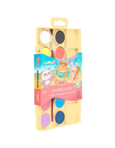 JOVI ACUARELAS KAWAII EN PASTILLAS 22MM CON PINCEL C/SURTIDOS ESTUCHE 12 UD - Color no elegible