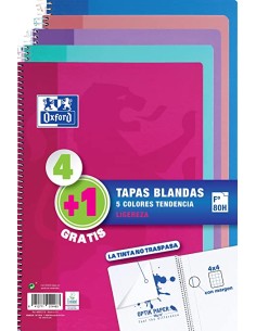 PACK 4+1 CUADERNO ESPIRAL TAPA BLANDA FOLIO 80 HOJAS 4X4 CON MARGEN COLORES TENDENCIA OXFORD 400072719