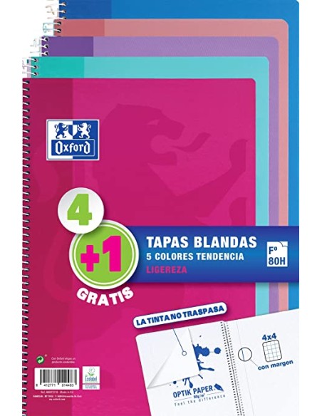 PACK 4+1 CUADERNO ESPIRAL TAPA BLANDA FOLIO 80 HOJAS 4X4 CON MARGEN COLORES TENDENCIA OXFORD 400072719
