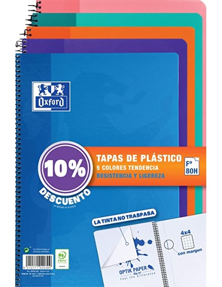 PACK 4+1 CUADERNO ESPIRAL CLASSIC W-E FOLIO 80 HOJAS 4X4 CON MARGEN COLORES TENDENCIA OXFORD 400122766