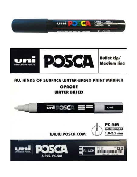 pack 6u marcador uni posca pc5m color negro punta 18 25mm