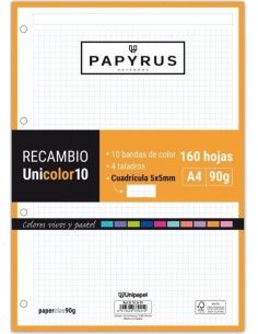 Recambio uni10 a4 160h 90g 4 taladros cuadricula 5x5 10 colores de banda tonos vivos y pastel