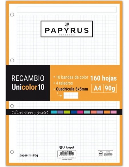 Recambio uni10 a4 160h 90g 4 taladros cuadricula 5x5 10 colores de banda tonos vivos y pastel Recambio uni10 a4 160h 90g 4 taladros cuadricula 5x5 10 colores de banda tonos vivos y pastel