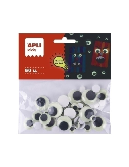 APLI OJOS MÓVILES GLOW IN THE DARK VARIOS TAMAÑOS SURTIDOS BOLSA DE 50 NEGRO +4 AÑOS