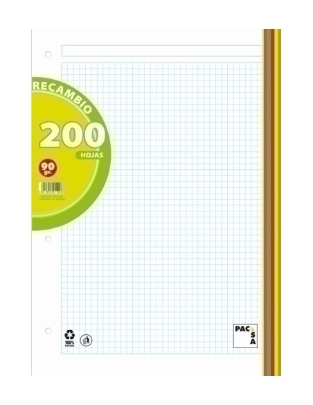 PACSA RECAMBIO DE COLORES SURTIDOS 4 TALADROS 200 HOJAS 5X5+GRECA A4