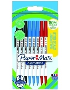 BLÍSTER 8 BOLÍGRAFOS PAPER MATE KILOMÉTRICO PUNTA MEDIANA (1,0MM) TINTA NEGRA, AZUL Y ROJA 80% RECICLADO PAPER MATE 2187680