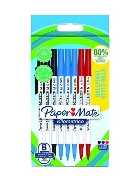 BLÍSTER 8 BOLÍGRAFOS PAPER MATE KILOMÉTRICO PUNTA MEDIANA (1,0MM) TINTA NEGRA, AZUL Y ROJA 80% RECICLADO PAPER MATE 2187680