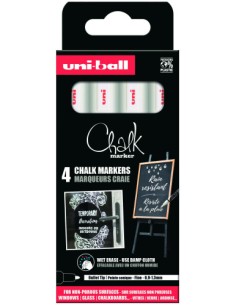 BLISTER 4 ROTULADORES EFECTO TIZA MODELO PWE 5M COLOR BLANCO UNIBALL 302422085