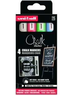 BLISTER 4 ROTULADORES EFECTO TIZA MODELO PWE 5M COLORES BÁSICOS BLANCO, ROJO, VERDE Y AZUL UNIBALL 302422086