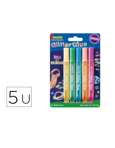 IMEDIO ADHESIVO GLITTER GLUE BRILLA EN LA OSCURIDAD TUBO 10ML BLÍSTER 5 C/SURTIDOS