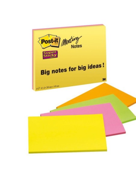 PACK 4 BLOCS 45 HOJAS NOTAS GRANDES ADHESIVAS 101X152MM SUPER STICKY COLORES SURTIDOS NEÓN 6845-SSP POST-IT 7100234637