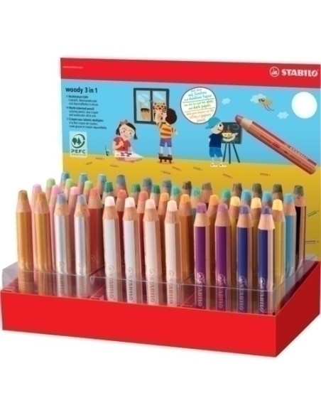 STABILO LÁPICES DE COLORES WOODY 3 EN 1 EXPOSITOR DE 48 C/SURTIDOS + 1 BLOC DE PRUEBAS